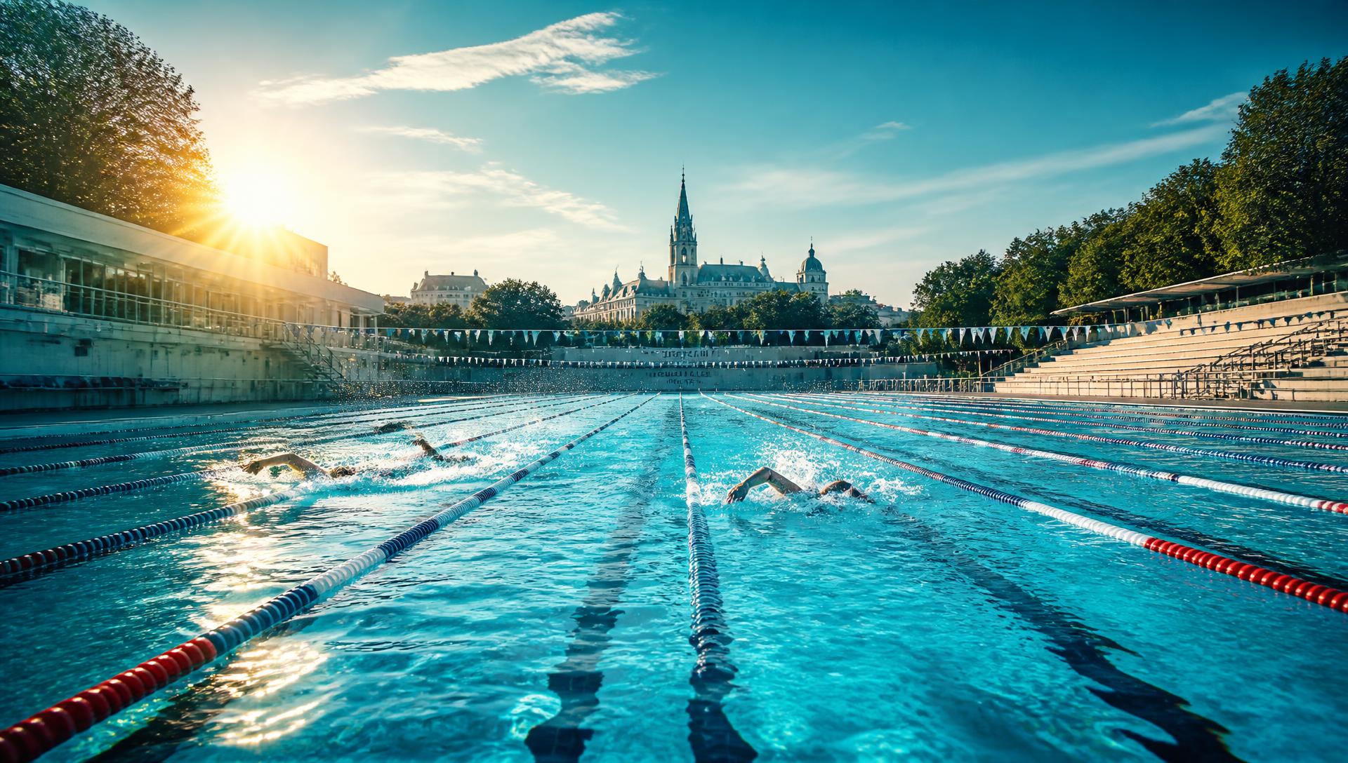 Swimmers doing freestyle in an outdoor 50 metre pool in Vienna at sunrise